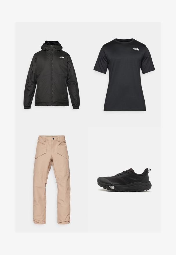 Melnā The North Face kapuce jaka ar priekšējo rāvējslēdzēju, elastīgām piedurknēm un logo augšējā kreisajā krūtī uz balta fona.; Melnā īsās piedurknes T-kreklā, izgatavotā no viegla, mitrumu uzsūcoša auduma. Tam ir balts logo kreisajā krūtīs un apaļa kakla izgriezums.; Gai krēmkrāsa kravas bikses ar ūdensizturīgu audumu, kas aprīkotas ar vairākiem kabatām, pastiprinātām ceļgaliem un ar rāvējslēdzēju apakšējā daļā, lai pielāgotu garumu.; Melnas taku skriešanas kurpes ar teksturētu virsu, gumijas zoli un pastiprinātu pirkstu daļu. Aprīkotas ar mīkstu apkakli un vilkšanas cilpu, lai viegli uzvilktu.