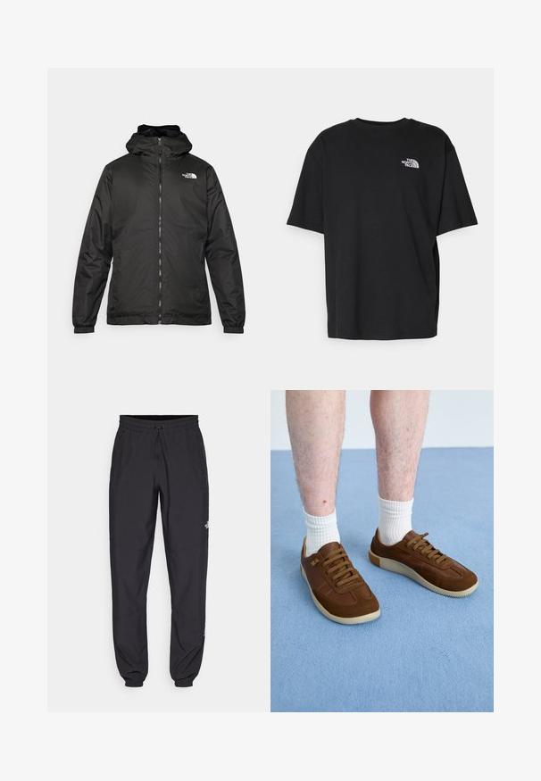 Svart The North Face hettegenser med frontglidelås, elastiske mansjetter, og logo på øvre venstre bryst mot en hvit bakgrunn.; Svart bomulls T-skjorte med rund hals og korte ermer. Har hvit logo på venstre bryst. Enkel, avslappet passform.; Sorte idrettsbukser laget av lett stoff, med snor i livet, sidelommer og smale mansjetter ved anklene.; Brune joggesko laget av semsket skinn og lær, med gummisåle, rund form og seks hull med matchende brune snørebånd.