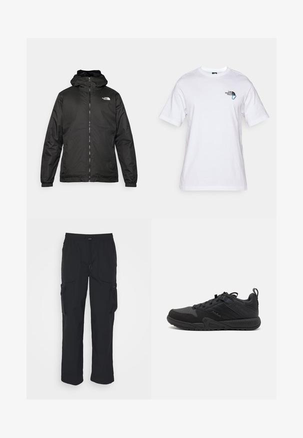 Czarna kurtka z kapturem The North Face z zamkiem błyskawicznym z przodu, elastycznymi mankietami i logo na górnej lewej stronie klatki piersiowej na białym tle.; The North Face EXPLORE RELAXED UNISEX biały; Czarne spodnie cargo wykonane z tkaniny tkanej. Posiadają regulowany pas, boczne kieszenie oraz dwie kieszenie robocze z zamkami błyskawicznymi.; Czarny sportowy but z materiału siatkowego i zamszowego, z wzmocnionymi miejscami, okrągłym noskiem, teksturowaną podeszwą oraz pętelką przy pięcie.