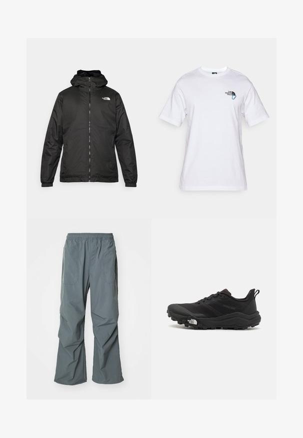 Fekete The North Face kapucnis dzseki elülső zipzárral, elasztikus mandzsettákkal és logóval a bal felső mellkason, fehér háttér előtt.; The North Face EXPLORE CARABINER RELAXED TEE UNISEX - Nyomott mintás póló - white; Szürke, könnyű nadrág rugalmas derékkal, széles lábakkal és két elülső patch zsebbel. Simább, tartós anyag.; Fekete terepfutó cipő, textúrált felső résszel, gumitalppal és megerősített lábujjrészével. Párnázott bokarésszel és húzófüllel rendelkezik a könnyű felhúzáshoz.