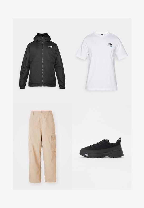 Musta The North Face -huppari, jossa on etuvetoketju, joustavat hihansuut ja logo vasemmalla ylärinnassa valkoista taustaa vasten.; The North Face EXPLORE CARABINER RELAXED TEE UNISEX - Printtipaita - white; Beige cargo-housut rentoa istuvuutta, valmistettu kevyestä kankaasta, jossa on kaksi sivutaskua ja nappisulku vyötäröllä.; Mustamustad välisjalanõud suede ülemise, tekstuuriga kummist tallaga ja tugeva paelaga. Varustatud tugevdatud kanna ja brändi logoga külgedel.
