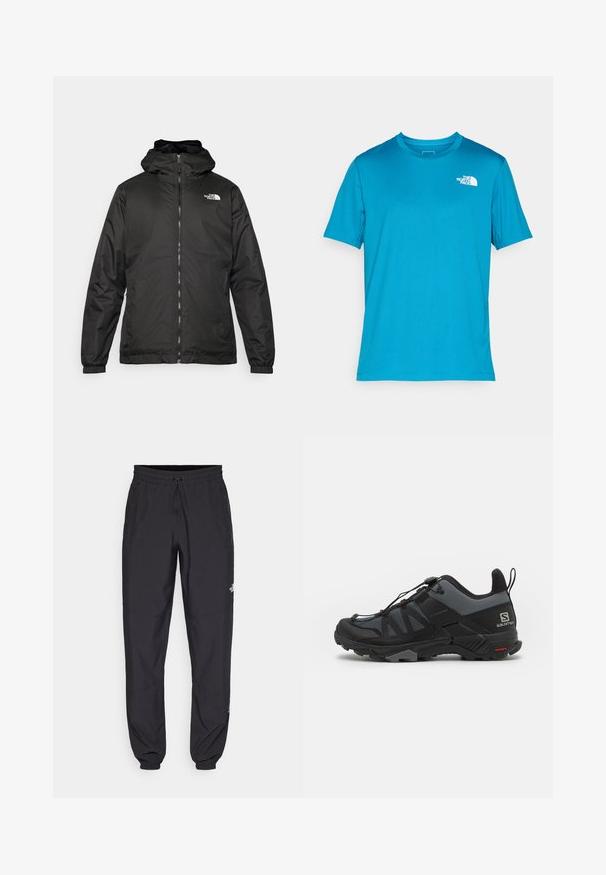 Jachetă cu glugă The North Face de culoare neagră, cu fermoar frontal, manșete elastice și logo pe partea superioară stângă a pieptului, pe un fundal alb.; Tricou turqoise cu mânecă scurtă dintr-un material respirabil, având un guler rotund și un logo alb în partea stângă sus a pieptului.; Pantaloni atletici negri, confecționați dintr-un material ușor, cu un tiv elastic la talie, buzunare laterale și tivuri ajustate la gleznă.; Salomon X ULTRA 4 - Pantofi drumeție - quiet shade/black