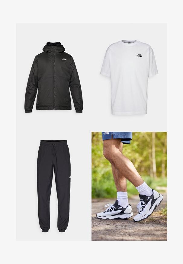 Jacket preta com capuz da The North Face, com fecho éclair na frente, punhos elásticos e logotipo no canto superior esquerdo do peito, em fundo branco.; T-shirt de algodão branco com mangas curtas, decote redondo e um pequeno logotipo preto no lado esquerdo do peito. Textura suave, ajuste casual.; Calças atléticas pretas feitas de tecido leve, com um cós ajustável por cordão, bolsos laterais e punhos afunilados nos tornozelos.; Ténis atléticos em preto e branco com parte superior em malha, detalhes texturizados e atacadores brancos. Usados com meias brancas até ao tornozelo e calções azul-marinho numa trilha.
