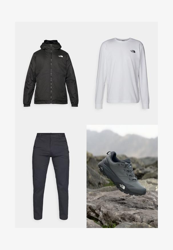 Giacca a vento nera The North Face con zip frontale, polsini elasticizzati e logo sulla parte superiore sinistra del petto, su sfondo bianco.; T-shirt bianco a maniche lunghe realizzato in cotone. Presenta un collo rotondo e un piccolo logo nero nella parte sinistra del petto. Design pulito e semplice.; Pantaloni tapered blu navy realizzati in un materiale traspirante. Presentano una parte anteriore piatta, passanti per la cintura e una tasca posteriore singola.; Scarpa da trail running grigia con tomaia testurizzata, suola in gomma resistente e punta rinforzata. Presenta lacci e logo del marchio sul lato.