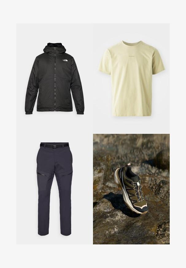 Czarna kurtka z kapturem The North Face z zamkiem błyskawicznym z przodu, elastycznymi mankietami i logo na górnej lewej stronie klatki piersiowej na białym tle.; Salomon - Koszulka sportowa; Ciemnoniebieskie spodnie outdoorowe o slim fit, z zamykanymi na zamek kieszeniami, wzmocnionymi łatami na kolanach oraz regulowanym paskiem w talii. Wykonane z lekkiego materiału.; Buty trekkingowe w oliwkowym zielonym i czarnym kolorze z różowymi akcentami. Posiadają teksturowaną górę, elastyczną podeszwę, wzmocniony czubek oraz kolorowy system sznurowania.