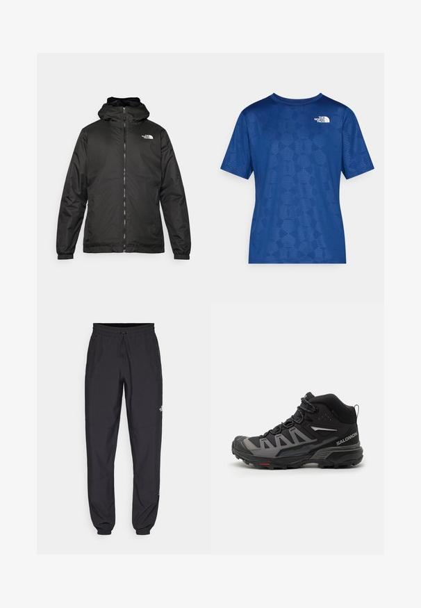 Melnā The North Face kapuce jaka ar priekšējo rāvējslēdzēju, elastīgām piedurknēm un logo augšējā kreisajā krūtī uz balta fona.; Zils īsām piedurknēm krekls ar teksturētu ģeometrisku rakstu un balto logo kreisajā augšējā stūrī. Izgatavots no viegla, elpojoša materiāla.; Melni sporta bikses, kas izgatavotas no viegla auduma, ar savelcamu jostu, sānu kabatām un sašaurinātiem apakšējiem galiem pie potītēm.; Melnas un pelēkas pusgarās pārgājienu kurpes ar teksturētu virsu, pastiprinātu purngalu, auklu sistēmu un izturīgu zoli, kas paredzēta saķerei.