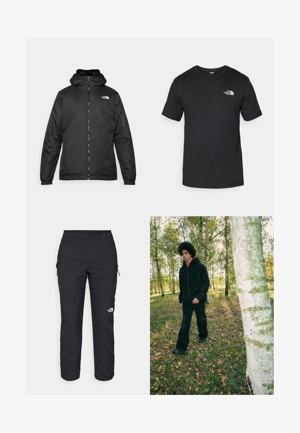 Fekete The North Face kapucnis dzseki elülső zipzárral, elasztikus mandzsettákkal és logóval a bal felső mellkason, fehér háttér előtt.; Fekete rövidujjú pamut póló, kerek nyakkivágással, a bal felső mellkason egy kis fehér logóval.; The North Face WINTER EXPLORATION TAPERED CARGO - Szabadtéri nadrágok - black; Fekete zipzáros dzseki zsebekkel, narancssárga belső réteg, fekete nadrág texturált térdpárnákkal, füves talajon járkálva nyírfák között.