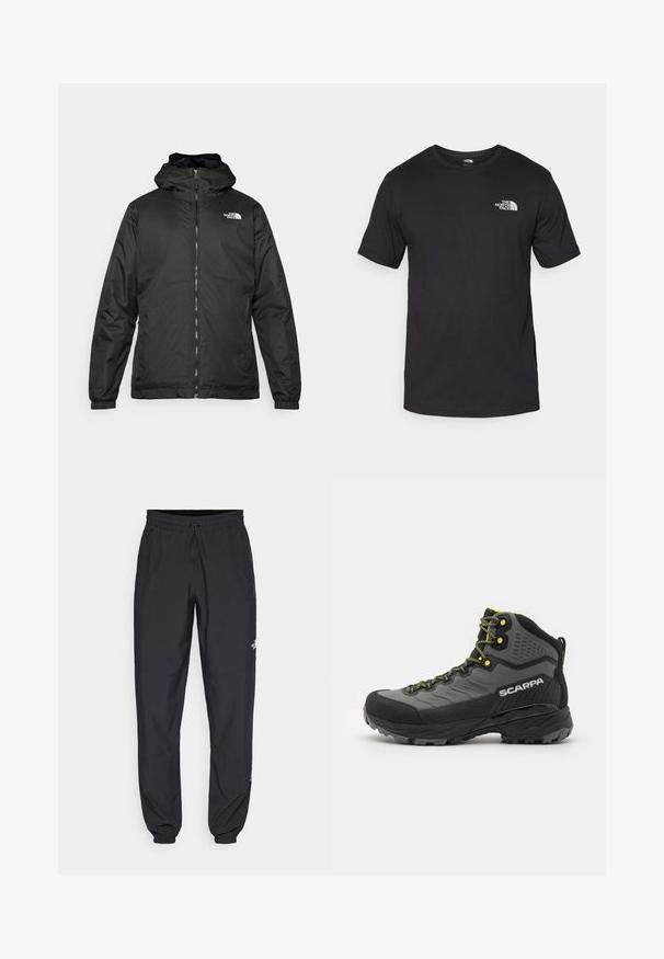 Svart The North Face hettegenser med frontglidelås, elastiske mansjetter, og logo på øvre venstre bryst mot en hvit bakgrunn.; Svart kortermet t-skjorte laget av bomull, med rund hals og en liten hvit logo på øvre venstre brystområde.; Sorte idrettsbukser laget av lett stoff, med snor i livet, sidelommer og smale mansjetter ved anklene.; Svart og gråt turstøvel med teksturert stoff, lyse gule detaljer, forsterket tå og gummisåle med dype mønster for bedre grep.