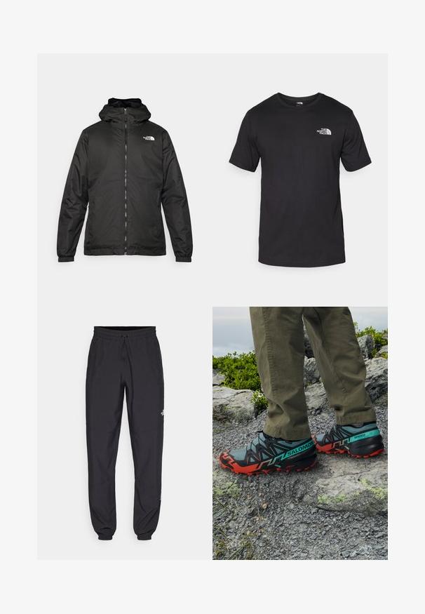 Jacket preta com capuz da The North Face, com fecho éclair na frente, punhos elásticos e logotipo no canto superior esquerdo do peito, em fundo branco.; T-shirt preto de manga curta feito de algodão, com um decote redondo e um pequeno logótipo branco na parte superior esquerda do peito.; Calças atléticas pretas feitas de tecido leve, com um cós ajustável por cordão, bolsos laterais e punhos afunilados nos tornozelos.; Os sapatos de trilha Salomon em preto, azul-turquesa e vermelho apresentam uma sola texturizada e robusta, um sistema de atilhos seguro e um design superior leve e respirável.