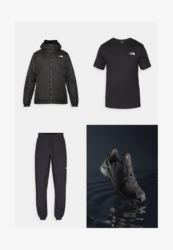 Črna kapuca jakna The North Face z sprednjim zadrgo, elastičnimi manšetami in logotipom na zgornjem levem prsnem delu na belem ozadju.; Črna kratko sleeved majica iz bombaža, s krožnim izrezom in majhnim belim logotipom na zgornjem levem delu prsnega koša.; Črne atletske hlače iz lahkega materiala, ki imajo elastični pas z vezalko, stranske žepe in zožene manšete na gležnjih.; Črne trail tekaške čevlje z teksturiranim zgornjim delom, sistemom vezalk in gumijastim podplatom. Imajo vodoodporen material in rdeče akcentne detajle.