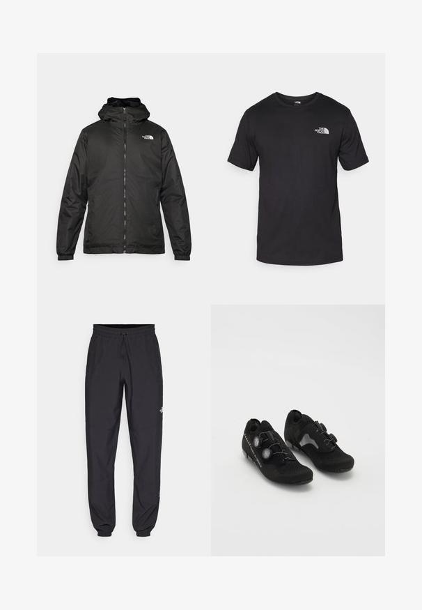Fekete The North Face kapucnis dzseki elülső zipzárral, elasztikus mandzsettákkal és logóval a bal felső mellkason, fehér háttér előtt.; Fekete rövidujjú pamut póló, kerek nyakkivágással, a bal felső mellkason egy kis fehér logóval.; Fekete sportnadrág, könnyű anyagból készült, húzózsinóros derékkal, oldalsó zsebekkel és szűkített szárakkal a bokáknál.; Fekete kerékpáros cipők lélegző hálós felsőrésszel, letisztult dizájnnal, két pörgős zárással és textúrázott felülettel rendelkeznek. Erősített orr- és sarokrésszel rendelkeznek.