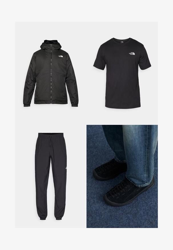 Črna kapuca jakna The North Face z sprednjim zadrgo, elastičnimi manšetami in logotipom na zgornjem levem prsnem delu na belem ozadju.; Črna kratko sleeved majica iz bombaža, s krožnim izrezom in majhnim belim logotipom na zgornjem levem delu prsnega koša.; Črne atletske hlače iz lahkega materiala, ki imajo elastični pas z vezalko, stranske žepe in zožene manšete na gležnjih.; Črne slip-on superge iz semiša z teksturno površino, diskretnim vezanjem in trpežnimi gumijastimi podplati, v kombinaciji z modrimi kavbojkami.