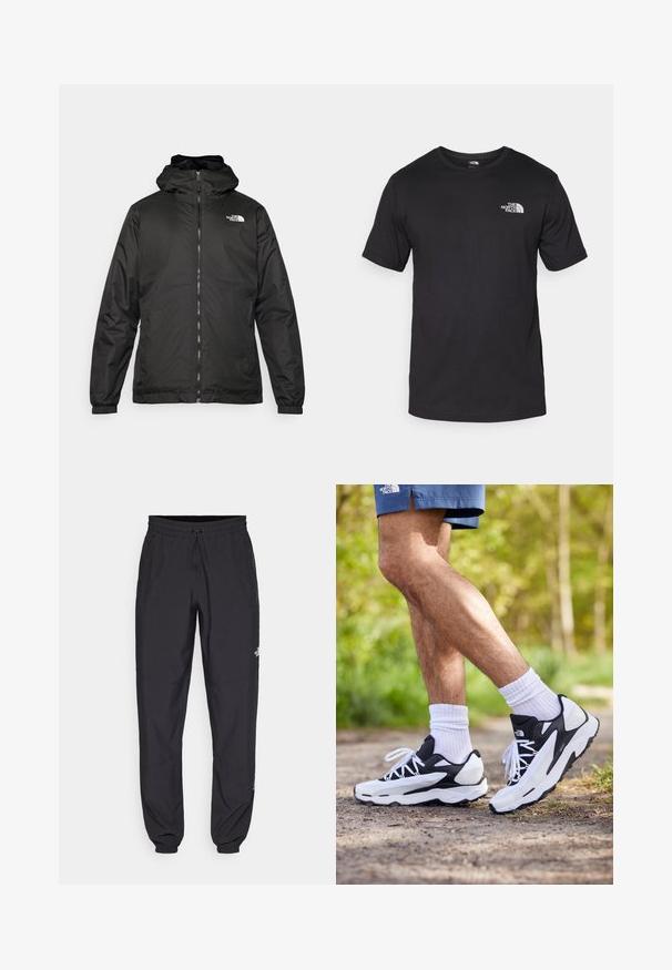 Crna jakna s kapuljačom The North Face s prednjim patentnim zatvaračem, elastičnim manžetama i logotipom na gornjem lijevom dijelu prsnog koša, na bijeloj pozadini.; Crna majica kratkih rukava od pamuka, s okruglim izrezom i malim bijelim logotipom na gornjem lijevom dijelu prsnog koša.; Crne sportske hlače od lagane tkanine, s pojasom na vezanje, bočnim džepovima i suženim manžetama na gležnjevima.; Crne i bijele atletske tenisice s mrežastim gornjim dijelom, teksturiranim detaljima i bijelim vezicama. Nosene s bijelim čarapama do gležnja i tamnoplavim šortsem na stazi.