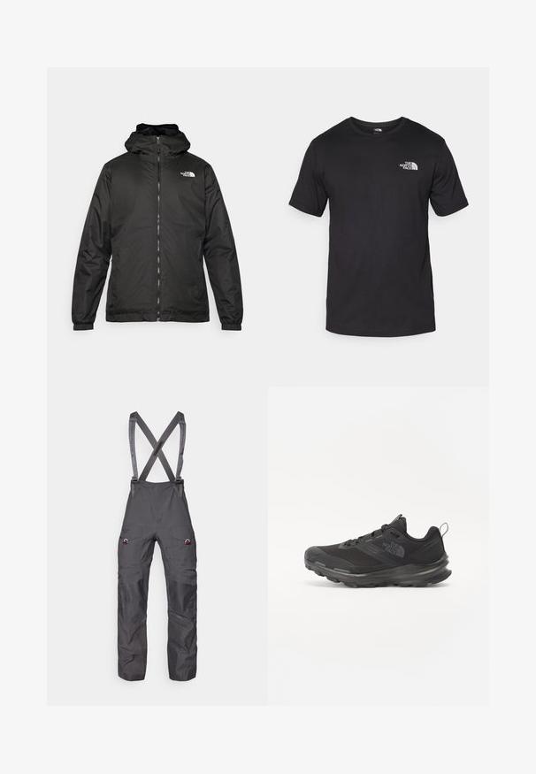 Juodas „The North Face“ striukė su gobtuvu, priekyje užtrauktuku, elastingomis rankogaliais ir logotipu viršutinėje kairėje krūtinės pusėje ant baltos fono.; Juodas trumpas rankovės marškinėliai, pagaminti iš medvilnės, su apvaliu kaklu ir mažu baltu logotipu viršutiniame kairiajame krūtinės kampe.; Pilkos izoliuotos kombinezonai su reguliuojamomis petnešomis, daugybe kišenių ir sustiprintais keliais, pasižymintys lygiu, tvirtu audinio paviršiumi.; Juodos sportinės bateliai su tinklelio viršumi, guminiais padu ir paminkštintu apykakle. Yra raišteliai, logotipas šone ir tekstūruotas dizainas.