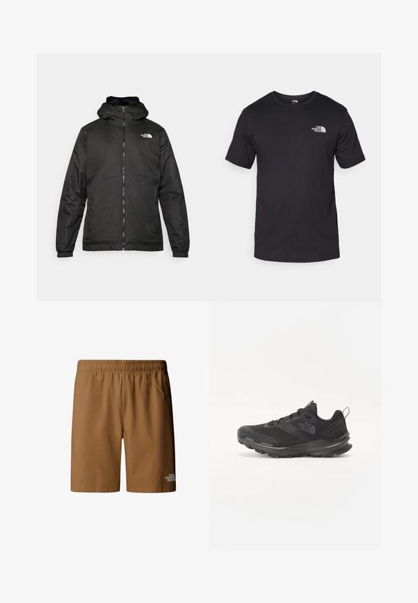 Chaqueta con capucha de The North Face en negro, con cremallera frontal, puños elásticos y logo en la parte superior izquierda del pecho, sobre un fondo blanco.; Camiseta negra de manga corta, hecha de algodón, con un cuello redondo y un pequeño logo blanco en la parte superior izquierda del pecho.; Bañador marrón hecho de tejido ligero, con una cinturilla elástica y un pequeño logo blanco en la parte inferior de la pierna derecha.; Zapatilla deportiva negra con parte superior de malla, suela de goma y cuello acolchado. Cuenta con cordones, logotipo en el lateral y un diseño texturizado.