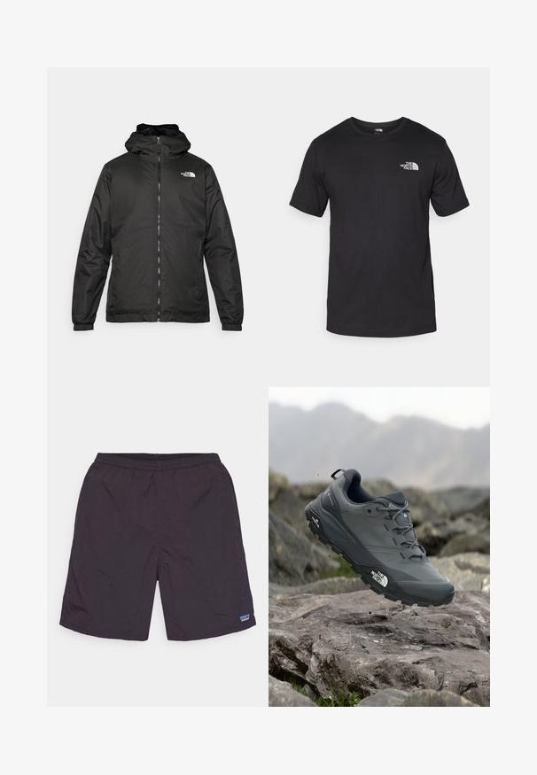 Črna kapuca jakna The North Face z sprednjim zadrgo, elastičnimi manšetami in logotipom na zgornjem levem prsnem delu na belem ozadju.; Črna kratko sleeved majica iz bombaža, s krožnim izrezom in majhnim belim logotipom na zgornjem levem delu prsnega koša.; Temno sivi kratki hlače iz lahkega blaga, z elastičnim pasom, stranskimi šivi in majhno oznako logotipa na spodnji levi strani.; Sive teka za trail tek, z teksturirano zgornjimi deli, trpežnim gumijastim podplatom in ojačanim kapico za prste. Ima vezi in logotip blagovne znamke na strani.