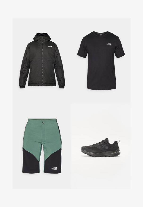 Melnā The North Face kapuce jaka ar priekšējo rāvējslēdzēju, elastīgām piedurknēm un logo augšējā kreisajā krūtī uz balta fona.; Melna īsām piedurknēm T-krekls, kas izgatavots no kokvilnas, ar apaļu dekoltē un nelielu baltu logotipu augšējā kreisajā krūtīs.; Zaļi un melni pārgājienu šorti ar ģeometrisku dizainu, drošu jostu, sānu kabatām un logotipu uz apakšējās kājas.; Melnas sporta kurpes ar sietu virsu, gumijas zoli un mīkstinātu apkakli. Satur šņores, logotipu sānos un strukturētu dizainu.