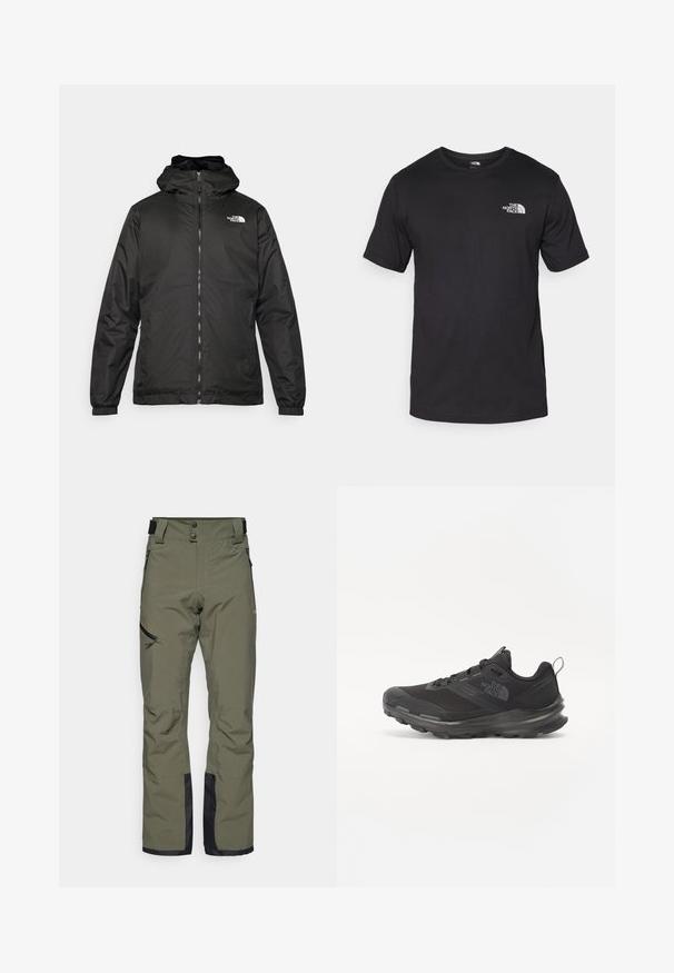 Črna kapuca jakna The North Face z sprednjim zadrgo, elastičnimi manšetami in logotipom na zgornjem levem prsnem delu na belem ozadju.; Črna kratko sleeved majica iz bombaža, s krožnim izrezom in majhnim belim logotipom na zgornjem levem delu prsnega koša.; Olive zelene smučarske hlače iz vodoodpornega materiala, s podvojenim gumbom za zapiranje, stranskimi žepi z zadrgo in črnimi detajli na spodnjem delu nog. ; Črne športne čevlje z mrežastim zgornjim delom, gumijastim podplatom in oblazinjenim ovratnikom. Imajo vezalke, logo na strani in strukturiran dizajn.