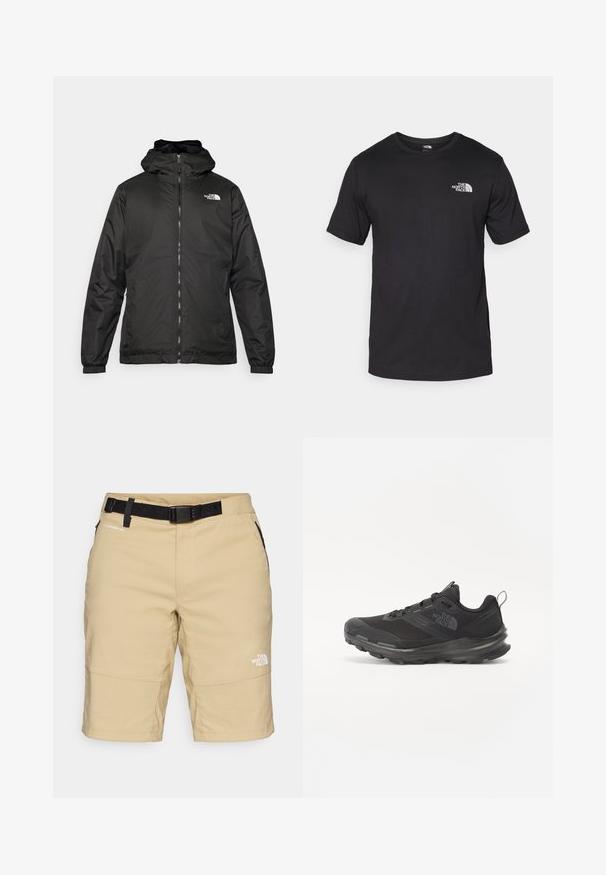 Svart The North Face hettegenser med frontglidelås, elastiske mansjetter, og logo på øvre venstre bryst mot en hvit bakgrunn.; Svart kortermet t-skjorte laget av bomull, med rund hals og en liten hvit logo på øvre venstre brystområde.; Beige shorts med et svart belte, med en glatt tekstur og lommer på sidene. The North Face-logoen er trykt i hvitt på beinet.; Svart treningssko med mesh-overdel, gummiyttersåle og polstret krage. Har snører, logo på siden og et teksturert design.