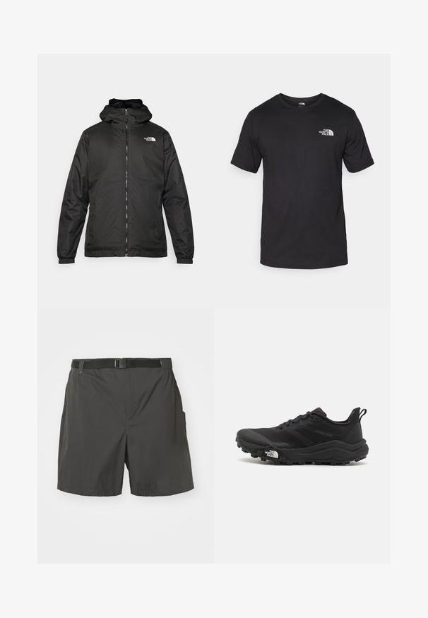 Svart The North Face hettegenser med frontglidelås, elastiske mansjetter, og logo på øvre venstre bryst mot en hvit bakgrunn.; Svart kortermet t-skjorte laget av bomull, med rund hals og en liten hvit logo på øvre venstre brystområde.; Svarte shorts laget av glatt, lett materiale. Har en justerbar belte, sidelommer og et enkelt, uputtet design.; Svart terrengløpesko med teksturert overdel, gummisåle og forsterket tåhette. Har polstret krage og løftestropp for enkel påkledning.