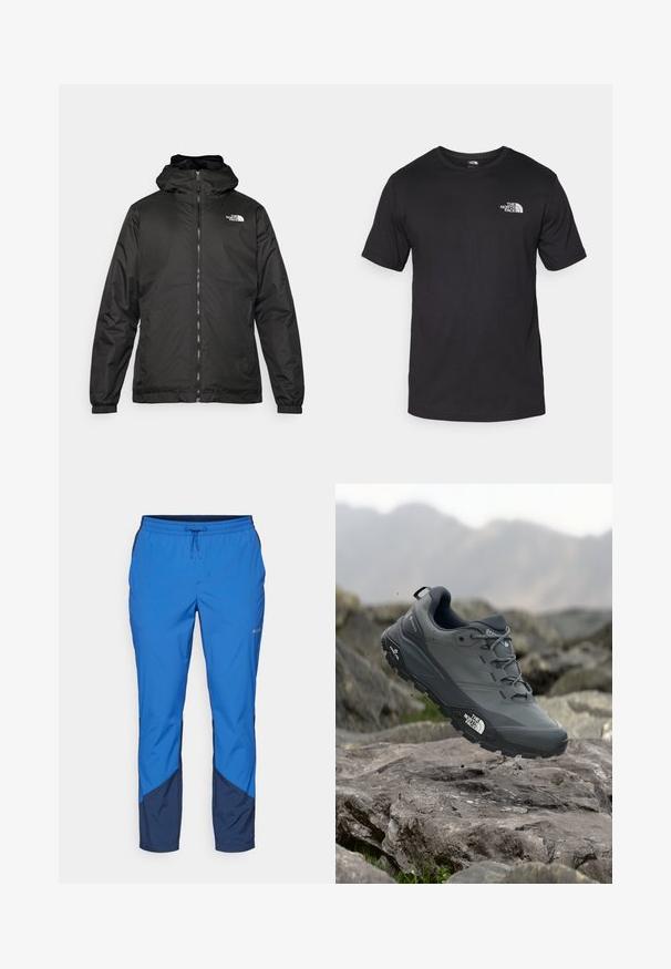 Must esine The North Face must kapuutsiga jakk, millel on esizipp, elastsed mansetid ja logo vasakul ülemisel rinnal valge tausta ees.; Must have lühikeste varrukatega must T-särk, mis on valmistatud puuvillast, ümmarguse kaelusega ja väikese valge logoga vasakus ülanurgas.; Sinised välispüksid, millel on reguleeritav vöökoht. Neil on tumesinised aktsendid alumises servas ja külgedel ning need on valmistatud kergest kangast.; Hallhalli jooksukingad halli värvi, tekstureeritud ülemise osaga, vastupidava kummist tallaga ja tugevdatud varvaste kattega. Omab paelu ja kaubamärgi logo küljel.