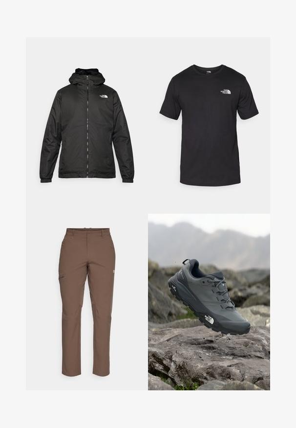 Black The North Face hooded jacket with front zipper, elastic cuffs, and logo on the upper left chest against a white background.; Black short-sleeve t-shirt made of cotton, featuring a round neckline and a small white logo on the upper left chest area.; Brown, stretch fabric pants with a straight cut, zippered pocket on the left thigh, and logo detail on the right side.; Grey trail running shoe with a textured upper, durable rubber sole, and reinforced toe cap. Features laces and brand logo on the side.