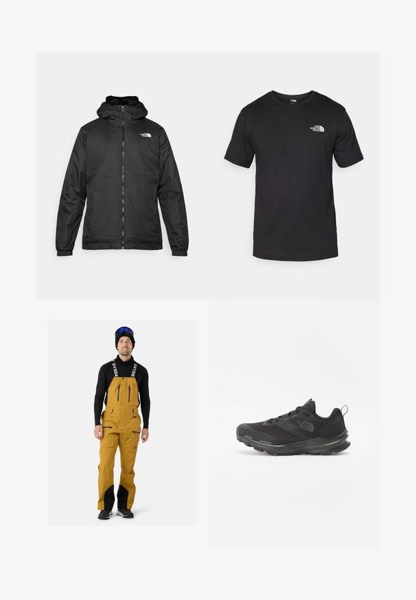 Czarna kurtka z kapturem The North Face z zamkiem błyskawicznym z przodu, elastycznymi mankietami i logo na górnej lewej stronie klatki piersiowej na białym tle.; Czarna koszulka z krótkim rękawem wykonana z bawełny, z okrągłym dekoltem i małym białym logo na górnej lewej części klatki piersiowej.; Żółte ogrodniczki narciarskie z czarnymi akcentami i zamkami błyskawicznymi. Posiadają regulowane szelki i gładką fakturę. Noszone na czarnej bluzie z długim rękawem.; Czarne buty sportowe z siateczkowym wierzchem, gumową podeszwą i wyściełanym kołnierzem. Posiadają sznurówki, logo z boku oraz teksturowany wzór.