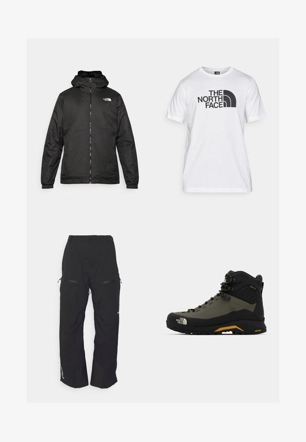 Musta The North Face -huppari, jossa on etuvetoketju, joustavat hihansuut ja logo vasemmalla ylärinnassa valkoista taustaa vasten.; Valkoinen puuvillapaita, jossa on musta graafinen painatus tekstillä ja kaarevalla logomuotoilulla. Pyöreä kaula-aukko ja lyhyet hihat. Yksinkertainen pinta.; Oakley TNP LINED SHELL PANT 2.0 - Lumilautailuhousut - blackout; Vaelluskengät mustana ja oliivinvihreänä, valmistettu synteettisistä materiaaleista, joissa on korkea varsi, nauhoitusjärjestelmä ja Vibram-pohja pidon parantamiseksi.