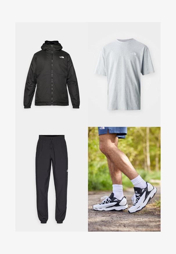 Must esine The North Face must kapuutsiga jakk, millel on esizipp, elastsed mansetid ja logo vasakul ülemisel rinnal valge tausta ees.; Heledhalli puuvillane T-särk lühikeste varrukatega ja ümmarguse kaelusega. Vasakul rinnal on väike valge logo. Sile tekstuur.; Mustavad sportlikud püksid, mis on valmistatud kergest kangast, joonlauaga taljest, küljetaskudega ja kitsenevate varrukatega pahkluude juures.; Mustelise mustushallid jooksujalatsid, millel on võrkmaterjalist ülemine osa, tekstuuriga aktsendid ja valged paelad. Kandsid koos valgete pahkluussokkide ja tumesiniste lühikeste pükstega teel.