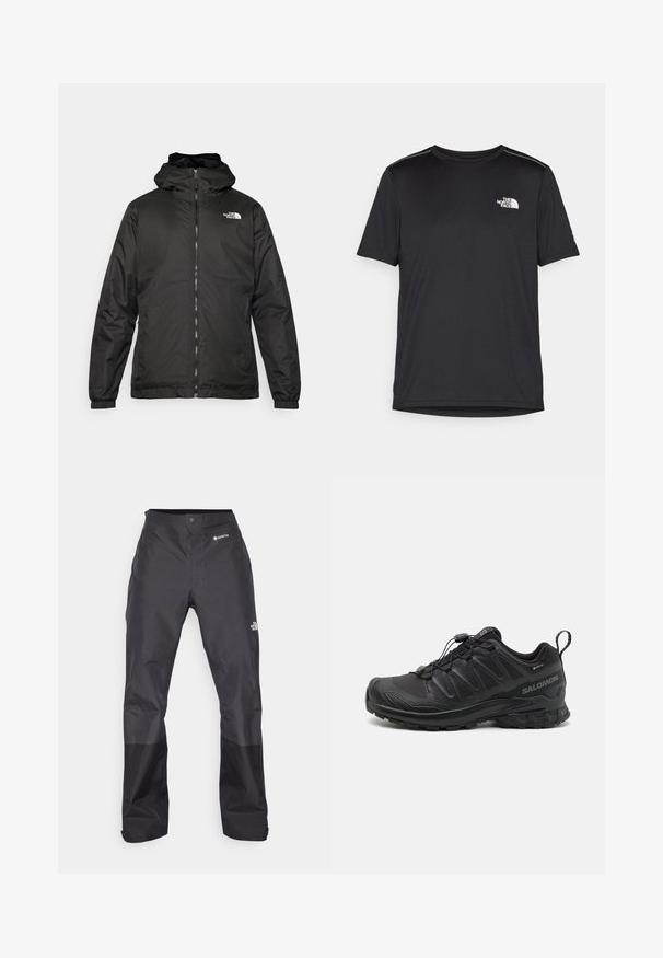 Čierna bundá s kapucňou The North Face s predným zipsom, elastickými manžetami a logom v ľavom hornom rohu hrude na bielom pozadí.; Čierne tričko s krátkym rukávom vyrobené z ľahkej tkaniny. Obsahuje malé biele logo na ľavej hrudi a jemné akcenty na pleciach.; Čierne nepremokavé nohavice s hladkým povrchom, so značkou GORE-TEX na prednej strane a zosilnenými dolnými nohavicami pre väčšiu odolnosť.; Čierna športová obuv so štruktúrovaným syntetickým zvrškom, polstrovanou podrážkou a rýchlozaviazaním. Obsahuje zosilnenú špičku a pätu.