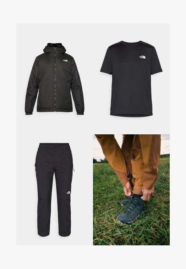 Musta The North Face -huppari, jossa on etuvetoketju, joustavat hihansuut ja logo vasemmalla ylärinnassa valkoista taustaa vasten.; Mustapaita lyhyillä hihoilla, joka on valmistettu kevyestä kankaasta. Siinä on pieni valkoinen logo vasemmassa rinnassa ja huomaamattomia olkakoristeita.; The North Face WINTER EXPLORATION TAPERED CARGO - Ulkohousut - black; Mustat vaelluskenkä, joissa on tekstuuriset päälliset ja nauhat, yhdessä ruskeiden vedenpitävien housujen kanssa, aseteltuna vihreälle ruohoiselle maalle pilvisen taivaan alla.