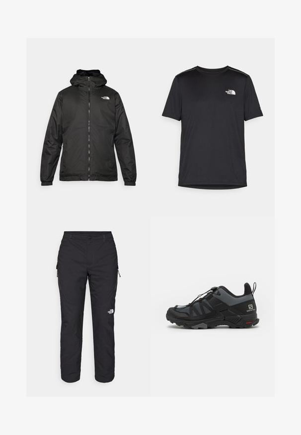 Sort The North Face hættejakke med frontlynlås, elastiske manchetter og logo på øverste venstre bryst mod en hvid baggrund.; Sort t-shirt med korte ærmer lavet af letvægtsstof. Har et lille hvidt logo på venstre bryst og diskrete skuldrelementer.; The North Face WINTER EXPLORATION TAPERED CARGO - Outdoorbukser - black; Salomon X ULTRA 4 - Hikingsko - quiet shade/black