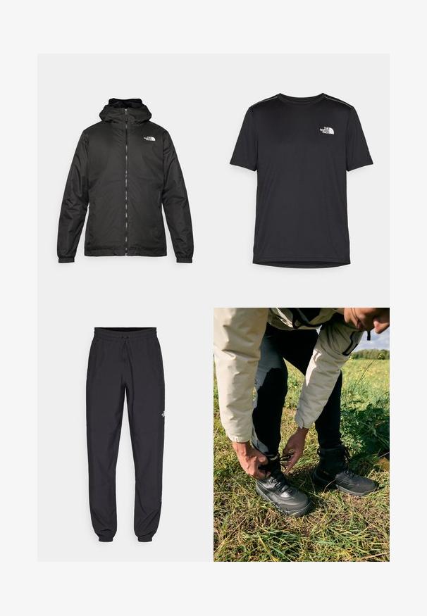 Černá kapucínová bunda The North Face s předním zipem, elastickými manžetami a logem na horní levé části hrudi na bílém pozadí.; Černé tričko s krátkým rukávem vyrobené z lehkého materiálu. Má malé bílé logo na levé části hrudi a decentní akcenty na ramenech.; Černé sportovní kalhoty vyrobené z lehké tkaniny, s páskem na šňůrku, bočními kapsami a zúženými manžetami na kotnících.; Černé venkovní boty s texturovaným koženým svrškem a gumovou podrážkou. Nositel utahuje tkaničky, zatímco stojí na trávě.