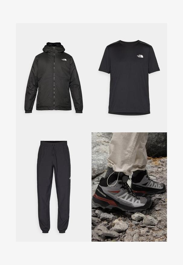 Jacket preta com capuz da The North Face, com fecho éclair na frente, punhos elásticos e logotipo no canto superior esquerdo do peito, em fundo branco.; T-shirt preto de manga curta feito de um tecido leve. Apresenta um pequeno logo branco ao lado esquerdo do peito e detalhes subtis nos ombros.; Calças atléticas pretas feitas de tecido leve, com um cós ajustável por cordão, bolsos laterais e punhos afunilados nos tornozelos.; Salomon X ULTRA 360 MID GTX - Sapatos de caminhada - pewter/black/burnt henna