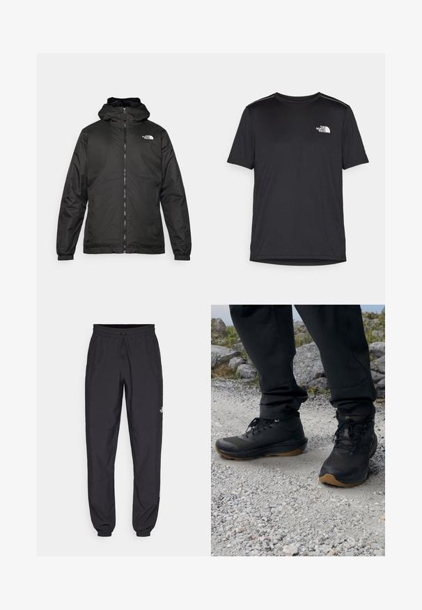 Svart The North Face hettegenser med frontglidelås, elastiske mansjetter, og logo på øvre venstre bryst mot en hvit bakgrunn.; Svart kortermet T-skjorte laget av lett materiale. Har en liten hvit logo på venstre bryst og subtile skulderdetaljer.; Sorte idrettsbukser laget av lett stoff, med snor i livet, sidelommer og smale mansjetter ved anklene.; Svart fottursko laget av mesh og gummimaterialer, med en teksturert overflate, snøringer og en gummisåle, egnet for utendørs bruk.