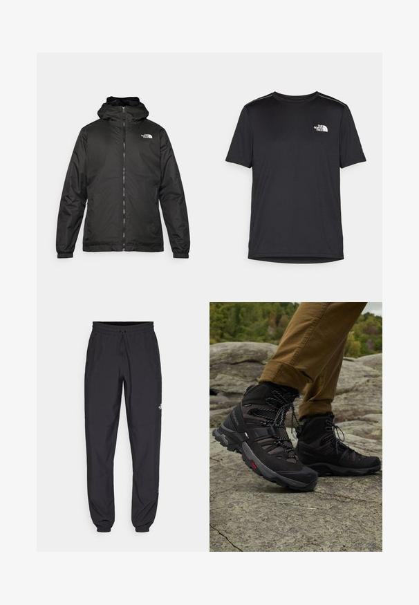 Jachetă cu glugă The North Face de culoare neagră, cu fermoar frontal, manșete elastice și logo pe partea superioară stângă a pieptului, pe un fundal alb.; Tricou negru cu mânecă scurtă, realizat dintr-un material ușor. Prezintă un mic logo alb pe pieptul stâng și accente subtile pe umeri.; Pantaloni atletici negri, confecționați dintr-un material ușor, cu un tiv elastic la talie, buzunare laterale și tivuri ajustate la gleznă.; Ghete de drumeție negre cu suprafață din plasă și piele, talpă robustă, șireturi ajustabile și guler amortizat, așezate pe o suprafață stâncoasă.