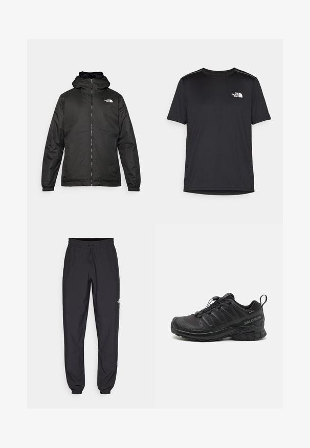 Juodas „The North Face“ striukė su gobtuvu, priekyje užtrauktuku, elastingomis rankogaliais ir logotipu viršutinėje kairėje krūtinės pusėje ant baltos fono.; Juodas trumpas rankovės marškinėliai, pagaminti iš lengvos medžiagos. Yra mažas baltas logotipas kairiajame krūtinės pusėje ir subtilūs pečių akcentai.; Juodos sportinės kelnės, pagamintos iš lengvos medžiagos, su raišteliu liemens srityje, šoniniais kišenėmis ir siaurėjantys apykaklės prie kulkšnies.; Juodas sportinis batas su tekstūruotu sintetiniu apvalkalu, paminkštintu padu ir greito užrišimo sistema. Yra sustiprinta nosis ir kulnas.