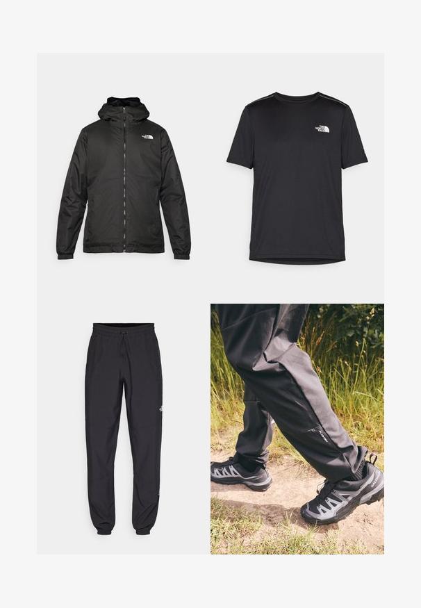 Svart The North Face hettegenser med frontglidelås, elastiske mansjetter, og logo på øvre venstre bryst mot en hvit bakgrunn.; Svart kortermet T-skjorte laget av lett materiale. Har en liten hvit logo på venstre bryst og subtile skulderdetaljer.; Sorte idrettsbukser laget av lett stoff, med snor i livet, sidelommer og smale mansjetter ved anklene.; Svarte vanntette bukser med avslappet passform, med en liten sidelomme. Kombinert med robuste svarte og grå turstøvler med et mønster.