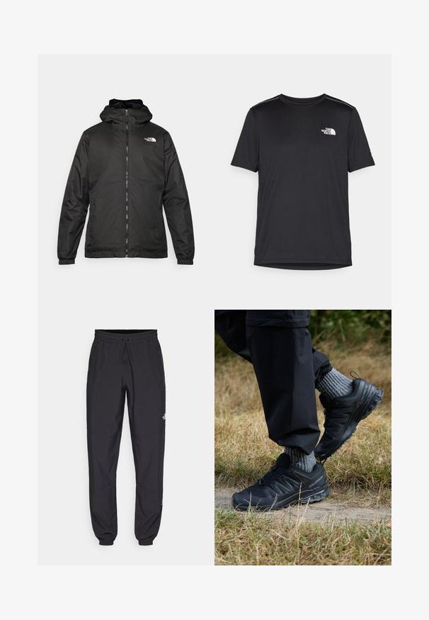 Črna kapuca jakna The North Face z sprednjim zadrgo, elastičnimi manšetami in logotipom na zgornjem levem prsnem delu na belem ozadju.; Črna kratkosleevena majica iz lahkotnega materiala. Ima majhen bel logo na levem prsnem delu in diskretne poudarke na ramenskem predelu.; Črne atletske hlače iz lahkega materiala, ki imajo elastični pas z vezalko, stranske žepe in zožene manšete na gležnjih.; Črne športne čevlje z teksturiranim mrežastim zgornjim delom, gumijastim podplatom in izstopajočim sistemom vezalk. V kombinaciji z sivimi pletenimi nogavicami in črnimi hlačami.