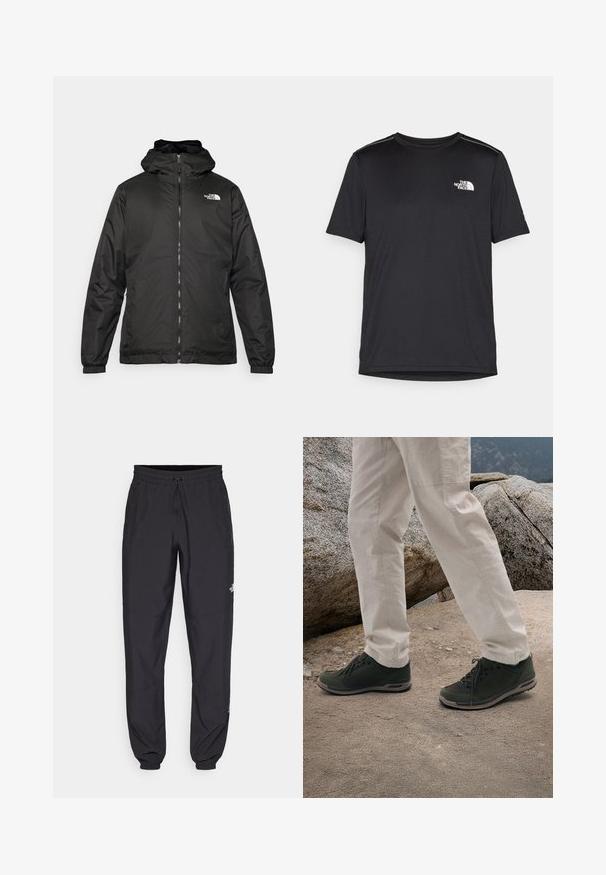 Sort The North Face hættejakke med frontlynlås, elastiske manchetter og logo på øverste venstre bryst mod en hvid baggrund.; Sort t-shirt med korte ærmer lavet af letvægtsstof. Har et lille hvidt logo på venstre bryst og diskrete skuldrelementer.; Sorte atletiske bukser lavet af letvægtsstof, med en snor i taljen, sidelommer og tapered manchetter ved anklerne.; Lowa BELLAGIO GTX LO - Hikingsko - oliv