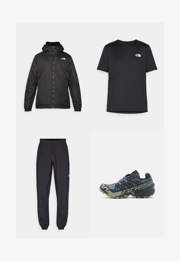 Czarna kurtka z kapturem The North Face z zamkiem błyskawicznym z przodu, elastycznymi mankietami i logo na górnej lewej stronie klatki piersiowej na białym tle.; Czarny t-shirt z krótkim rękawem, wykonany z lekkiego materiału. Posiada małe białe logo na lewej piersi oraz subtelne akcenty na ramionach.; Czarne spodenki sportowe wykonane z lekkiego materiału, z elastycznym pasem na sznurek, bocznymi kieszeniami i zwężanymi mankietami przy kostkach.; Salomon SPEEDCROSS 6 granatowy