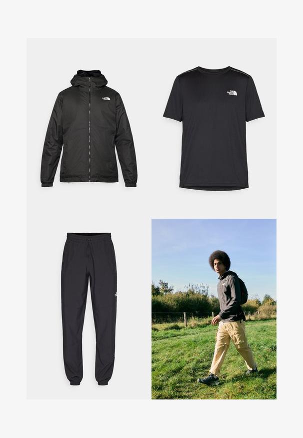 Juodas „The North Face“ striukė su gobtuvu, priekyje užtrauktuku, elastingomis rankogaliais ir logotipu viršutinėje kairėje krūtinės pusėje ant baltos fono.; Juodas trumpas rankovės marškinėliai, pagaminti iš lengvos medžiagos. Yra mažas baltas logotipas kairiajame krūtinės pusėje ir subtilūs pečių akcentai.; Juodos sportinės kelnės, pagamintos iš lengvos medžiagos, su raišteliu liemens srityje, šoniniais kišenėmis ir siaurėjantys apykaklės prie kulkšnies.; Juodas gobtuvas, smėlio spalvos krovinių kelnės su kišenėmis ir juodi žygio batai. Vaikščiojimas ant žolės dienos šviesoje, su lapijos fone.