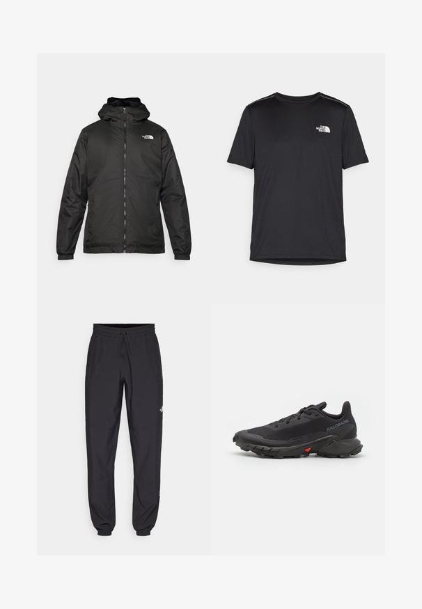 Veste à capuche The North Face noire avec fermeture éclair à l'avant, poignets élastiques et logo sur le haut de la poitrine gauche sur fond blanc.; T-shirt noir à manches courtes en tissu léger. Présente un petit logo blanc sur la poitrine gauche et des accents subtils aux épaules.; Pantalon de sport noir en tissu léger, avec une taille à cordon, des poches latérales et des chevilles resserrées.; Baskets de trail running noires avec une tige respirante, un tissu texturé, un accent rouge sur la semelle et un profil de semelle agressif pour l'adhérence.
