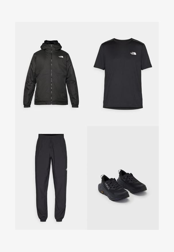 Μαύρο μπουφάν με κουκούλα της The North Face, με μπροστινό φερμουάρ, ελαστικούς καρπούς και λογότυπο στην πάνω αριστερή πλευρά του στήθους, σε λευκό φόντο.; Μαύρο κοντομάνικο T-shirt φτιαγμένο από ελαφρύ ύφασμα. Έχει ένα μικρό λευκό λογότυπο στο αριστερό στήθος και διακριτικές λεπτομέρειες στους ώμους.; Μαύρη αθλητική παντελόνι κατασκευασμένο από ελαφρύ ύφασμα, με ζώνη που ρυθμίζεται με κορδόνι, πλευρικές τσέπες και στενές μανσέτες στους αστραγάλους.; Μαύρα αθλητικά παπούτσια με υφή στην επάνω πλευρά, παχύ μαξιλάρι και ανθεκτική σόλα. Ορατό λογότυπο HOKA, με ζωηρές κίτρινες λεπτομέρειες.