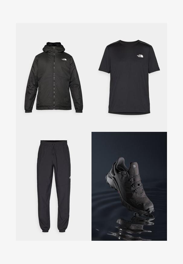 Černá kapucínová bunda The North Face s předním zipem, elastickými manžetami a logem na horní levé části hrudi na bílém pozadí.; Černé tričko s krátkým rukávem vyrobené z lehkého materiálu. Má malé bílé logo na levé části hrudi a decentní akcenty na ramenech.; Černé sportovní kalhoty vyrobené z lehké tkaniny, s páskem na šňůrku, bočními kapsami a zúženými manžetami na kotnících.; Černá trailová běžecká obuv s texturovaným svrškem, šněrovacím systémem a gumovou podrážkou. Obsahuje voděodolný materiál a červené akcenty.