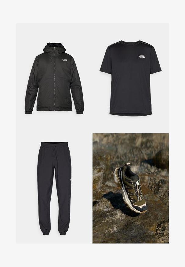 Svart The North Face hettegenser med frontglidelås, elastiske mansjetter, og logo på øvre venstre bryst mot en hvit bakgrunn.; Svart kortermet T-skjorte laget av lett materiale. Har en liten hvit logo på venstre bryst og subtile skulderdetaljer.; Sorte idrettsbukser laget av lett stoff, med snor i livet, sidelommer og smale mansjetter ved anklene.; Fjellsko i olivengrønn og svart med rosa detaljer. Har en teksturert overdel, fleksibel såle, forsterket tåhette og fargerik snøringssystem.