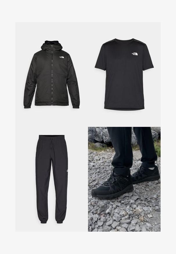 Čierna bundá s kapucňou The North Face s predným zipsom, elastickými manžetami a logom v ľavom hornom rohu hrude na bielom pozadí.; Čierne tričko s krátkym rukávom vyrobené z ľahkej tkaniny. Obsahuje malé biele logo na ľavej hrudi a jemné akcenty na pleciach.; Čierne športové nohavice vyrobené z ľahkej tkaniny, s elastickým pásom na šnurovanie, bočnými vreckami a zúženými manžetami na členkoch.; Čierne vonkajšie topánky z priedušného a syntetického materiálu, s textúrovaným zvrškom, zabezpečeným šnurovacím systémom a robustnou podrážkou, na skalnatom teréne.