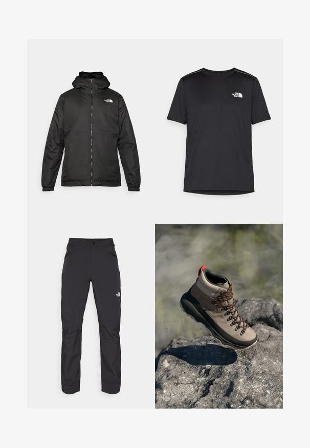 Czarna kurtka z kapturem The North Face z zamkiem błyskawicznym z przodu, elastycznymi mankietami i logo na górnej lewej stronie klatki piersiowej na białym tle.; Czarny t-shirt z krótkim rękawem, wykonany z lekkiego materiału. Posiada małe białe logo na lewej piersi oraz subtelne akcenty na ramionach.; Czarne spodnie outdoorowe z zamkiem błyskawicznym w przedniej kieszeni, wykonane z materiału syntetycznego, zwężające się nogawki oraz wzmocnione panele na kolanach. Posiadają zapięcie na guzik.; Buty trekkingowe w taupe zamszu z ciemną gumową podeszwą, z czerwonymi akcentami, metalowymi oczkami i pomarańczowymi sznurówkami, uniesione nad skalistą powierzchnią.