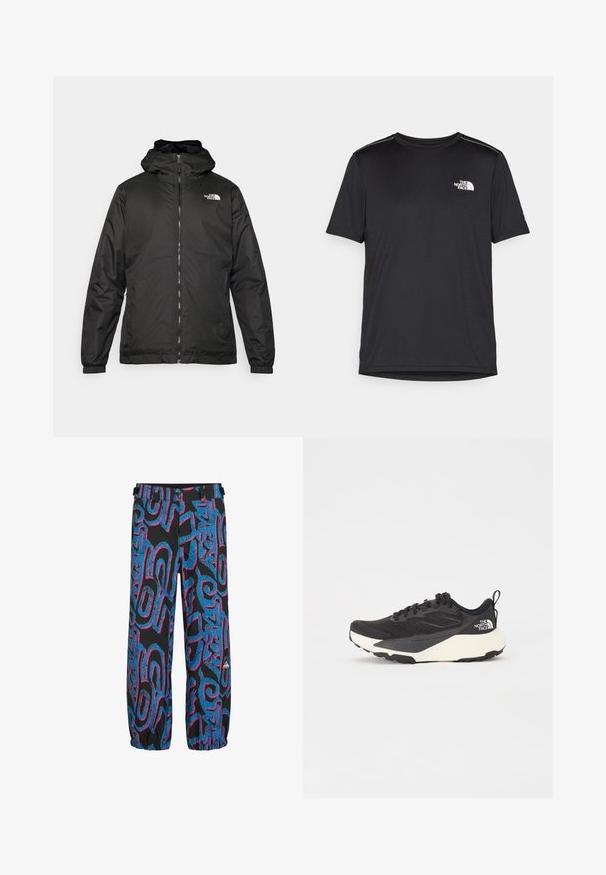 Jacket preta com capuz da The North Face, com fecho éclair na frente, punhos elásticos e logotipo no canto superior esquerdo do peito, em fundo branco.; T-shirt preto de manga curta feito de um tecido leve. Apresenta um pequeno logo branco ao lado esquerdo do peito e detalhes subtis nos ombros.; Calças pretas com padrões abstratos em azul brilhante e rosa. Apresentam punhos elásticos e uma cintura com duas alças ajustáveis e botões.; Sapatilha atlética preta com parte superior em malha texturada, detalhes pretos sólidos e sola leve branca. Apresenta fecho com atacadores e alça de puxar.
