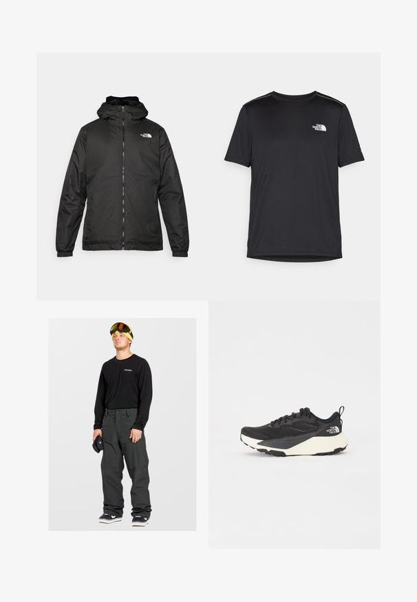 Svart The North Face huva jacka med framzipper, elastiska muddar och logotyp på övre vänstra bröstet mot en vit bakgrund.; Svart kortärmad T-shirt i lättviktig tyg. Har en liten vit logotyp på vänster bröst och subtila axeltoner.; Svart långärmad tröja, mörkgrå snöbyxor, svarta sneakers med vita sulor, gul mössa och bruna skidglasögon. Vandraren håller svarta handskar.; Svart sportskor med strukturerad meshöversida, helt svarta detaljer och vit lätt sula. Utökad med snörning och dragflik.